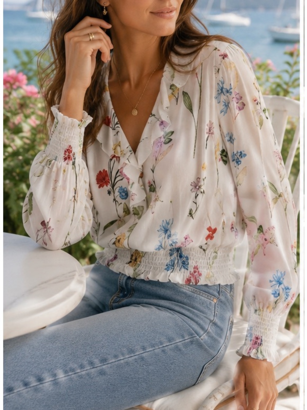 Parker Quincy silk Floral Long Sleeve Wrap Blouse Smocked Size XS - Picture 7 of 8